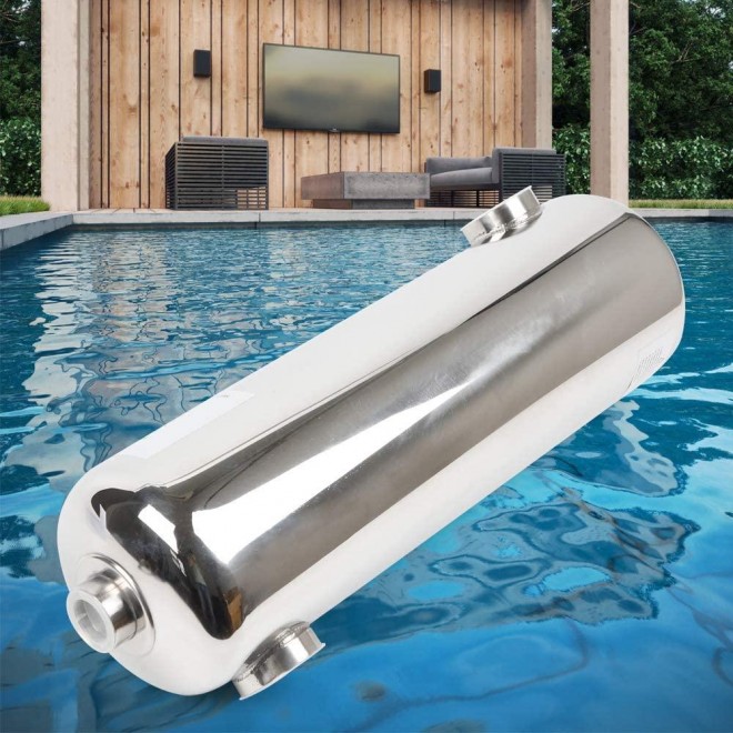 DYRABREST 260KBTU Opposite Side Pool Heat Exchanger Tube Shell Heat Exchanger Stainless Steel Pool Heater Use 1 1/2”FPT on one Side and 1” FPT for hot Water for Swimming Pools/Spas/Hydraulic Heating