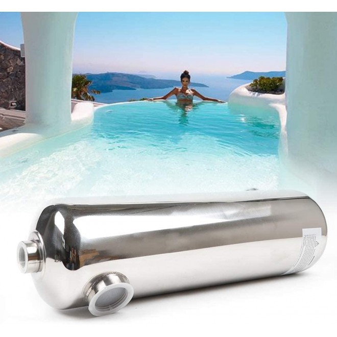 DYRABREST 260KBTU Opposite Side Pool Heat Exchanger Tube Shell Heat Exchanger Stainless Steel Pool Heater Use 1 1/2”FPT on one Side and 1” FPT for hot Water for Swimming Pools/Spas/Hydraulic Heating