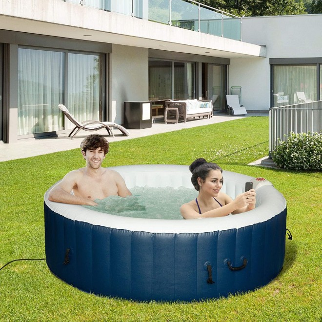 Outsunny 82'' x 26'' Portable Hot Tub 4 Person Outdoor Inflatable Round Heated Tub Spa with 130 Bubble Jets, Filter Pump, Cover, Blue