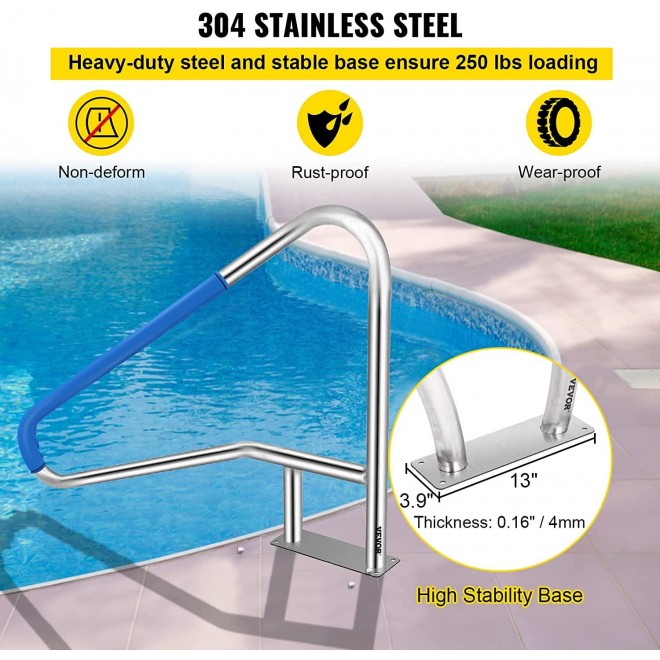 VEVOR Pool Rail 55x32 Pool Railing 304 Stainless Steel 250LBS Load Capacity Silver Rustproof Pool Handrail Humanized Swimming Pool Handrail with Blue Grip Cover & M8 Drill Bit & Self-Taping Screws