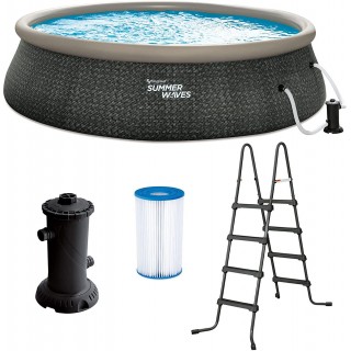 Summer Waves P1A01848E 18ft x 48in Round Quick Set Inflatable Ring Above Ground Swimming Pool with Ladder and Filter Pump, Dark Gray Herringbone Print