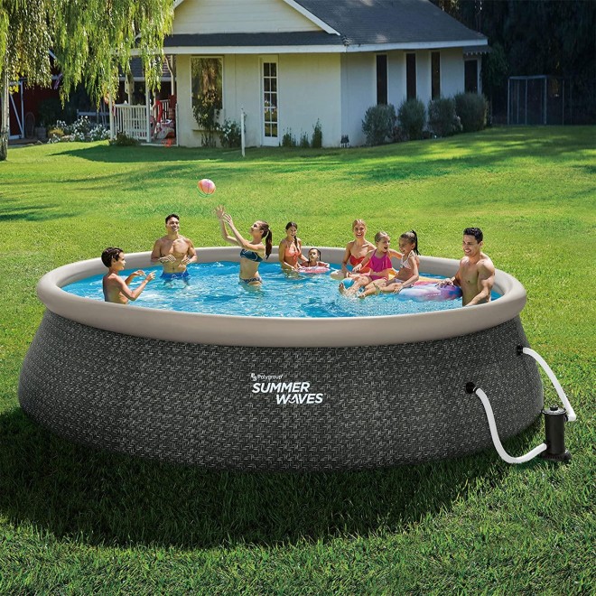 Summer Waves P1A01848E 18ft x 48in Round Quick Set Inflatable Ring Above Ground Swimming Pool with Ladder and Filter Pump, Dark Gray Herringbone Print