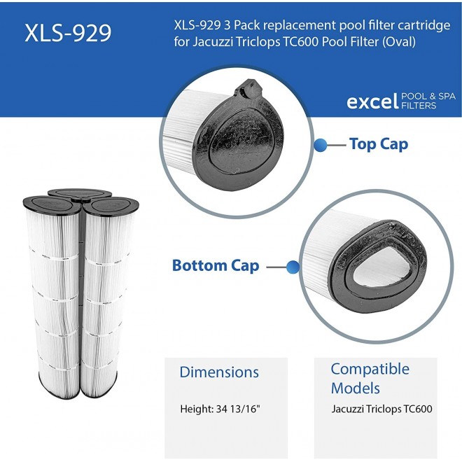 XLS-929 3 Pack Replacement Pool Filter Cartridge for Jacuzzi Triclops TC600 Pool Filter (Oval)