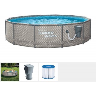 Summer Waves Active Metal Frame 12 Foot x 33 Inch Round Above Ground Swimming Pool Set with Filter Pump and Type D Filter Cartridge, Gray Rattan