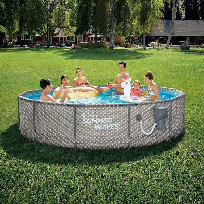 Summer Waves Active Metal Frame 12 Foot x 33 Inch Round Above Ground Swimming Pool Set with Filter Pump and Type D Filter Cartridge, Gray Rattan