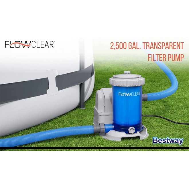 Bestway 58671E-BW Flowclear Transparent Filter Above Ground Pool Pump 2500 GPH Pump Flow Rate, 110-120 Volt