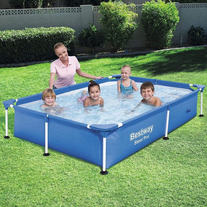 Bestway 56545E Steel Pro 7.25 x 4.9 x 1.4 Ft Outdoor Rectangular Frame Above Ground Family Kids Swimming Pool with Easy Setup and Solution Blend, Blue