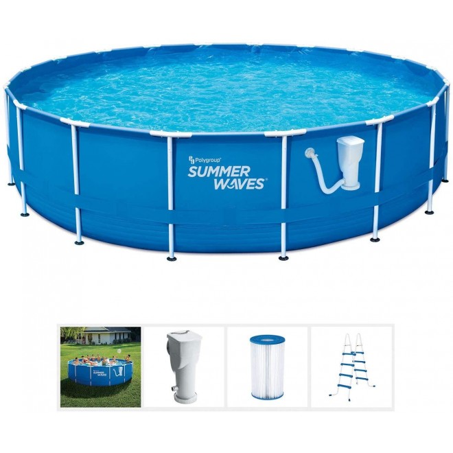 Summer Waves Active 14 Foot x 36 Inch Metal Frame Outdoor Backyard Above Ground Swimming Pool Set with Filter Pump, Ladder, and Repair Patch