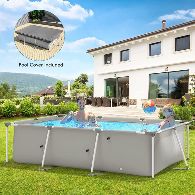 Goplus Outdoor Above Ground Pool, 10ft x 6.7ft x 30in Rectangular Frame Swimming Pools W/ Steel Frame, Pool Cover, Easy Setup & Drainage, Family Pool for Backyard, Garden,Patio, Balcony (Gray)