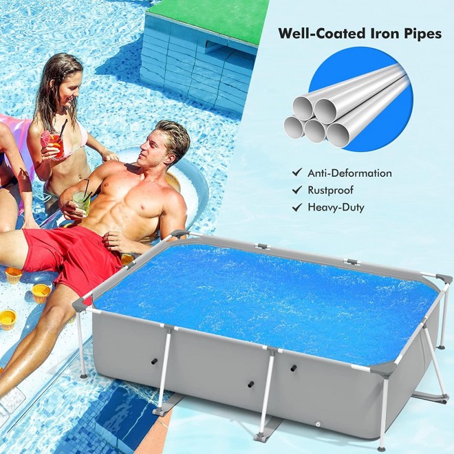 Goplus Outdoor Above Ground Pool, 10ft x 6.7ft x 30in Rectangular Frame Swimming Pools W/ Steel Frame, Pool Cover, Easy Setup & Drainage, Family Pool for Backyard, Garden,Patio, Balcony (Gray)