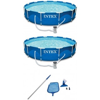 Intex Metal Frame Swimming Pool Set w/ Filter Pump (2 Pack) & Pool Cleaning Kit