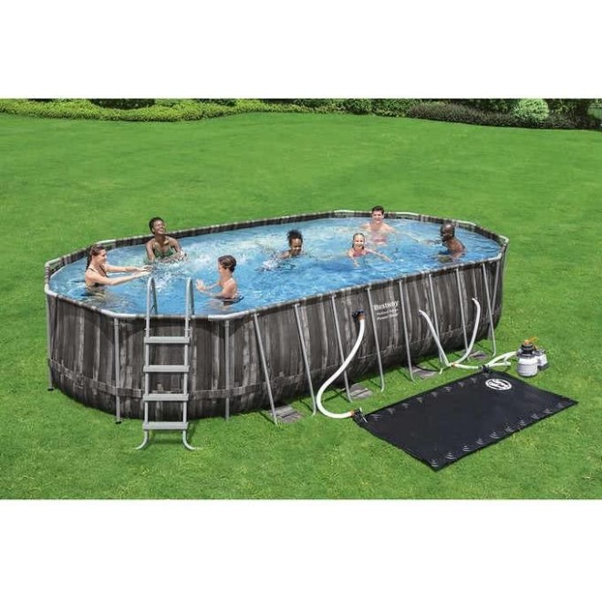 Bestway Power Steel 22’ x 12’ x 48’’ Above Ground Oval Pool Set w/Ladder, Cover, Filter Pump, Replacement Cartridge, Repair Patch