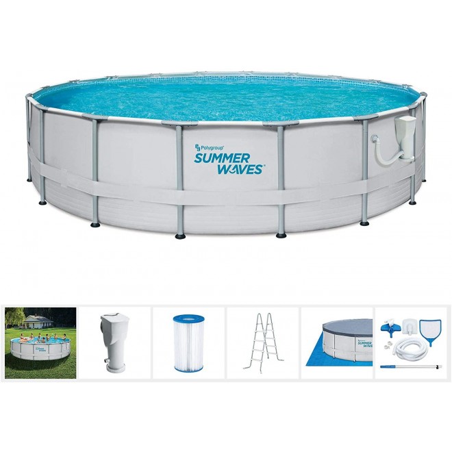 Summer Waves Elite 18ft x 48in Metal Frame Outdoor Backyard Above Ground Pool Set with Filter Pump, Ladder, Ground Cloth, Cover, and Maintenance Kit