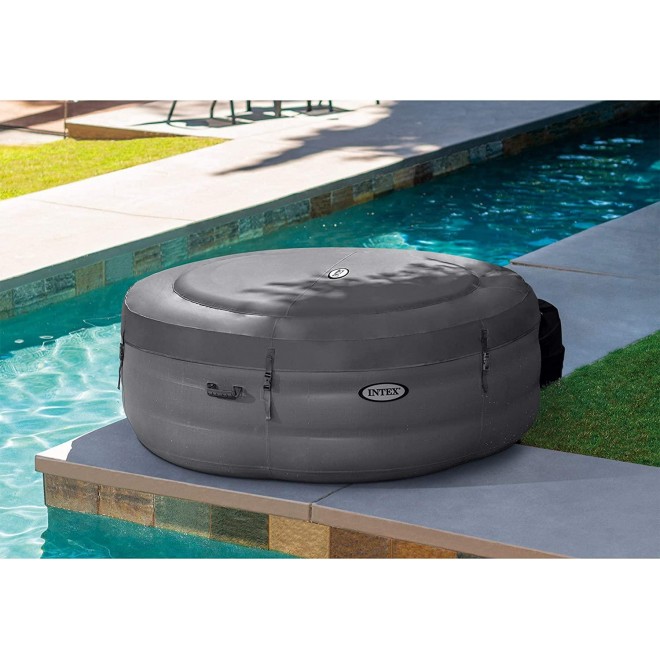 Intex 28481E Simple Spa 77in x 26in 4-Person Outdoor Portable Inflatable Round Heated Hot Tub Spa with 100 Bubble Jets, Filter Pump, and Cover, Gray