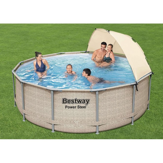 Bestway 5614UE 13 Foot x 42 Inches Power Steel Frame Above Ground Backyard Swimming Pool Set with Filter Pump, Ladder, and Canopy