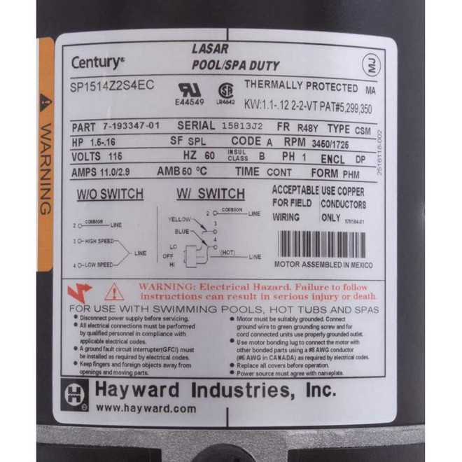 Hayward SPX1515Z2ES Two Speed Motor with Switch Replacement for Select Hayward Pumps and Filters, 1-1/2-HP