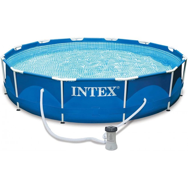 Intex 12 Foot by 30 Inch Metal Frame Round Above Ground Swimming Pool with Pump, PVC Vinyl Cover, and 42 Inch Tall Steel Ladder