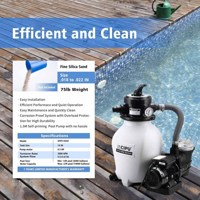 CIPU 14 inch Sand Filter Pump System Handy 4-Way Valve for Above Ground Pools with 0.5HP Prefilter Pool Pump 115V 6ft Power Cord for Easy Installation SFPS14502