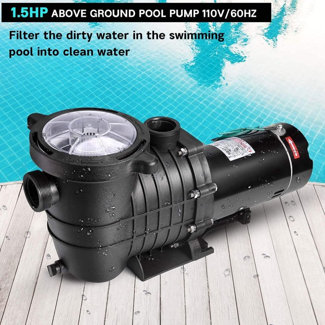 Oswerpon 1.5 HP High Pressure Self Primming Pool Pump Dual Voltage Inground/Above Ground Swimming Pool Pump with Strainer Basket and Drain Plug 1100W 60HZ Silent Operation.