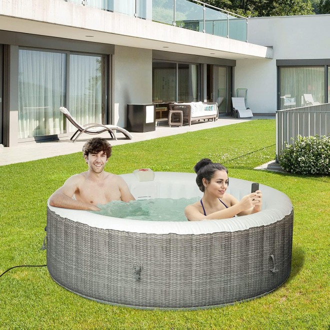 Outsunny 82'' x 26'' Portable Hot Tub 4 Person Outdoor Inflatable Round Heated Tub Spa with 130 Bubble Jets, Filter Pump, Cover, Grey
