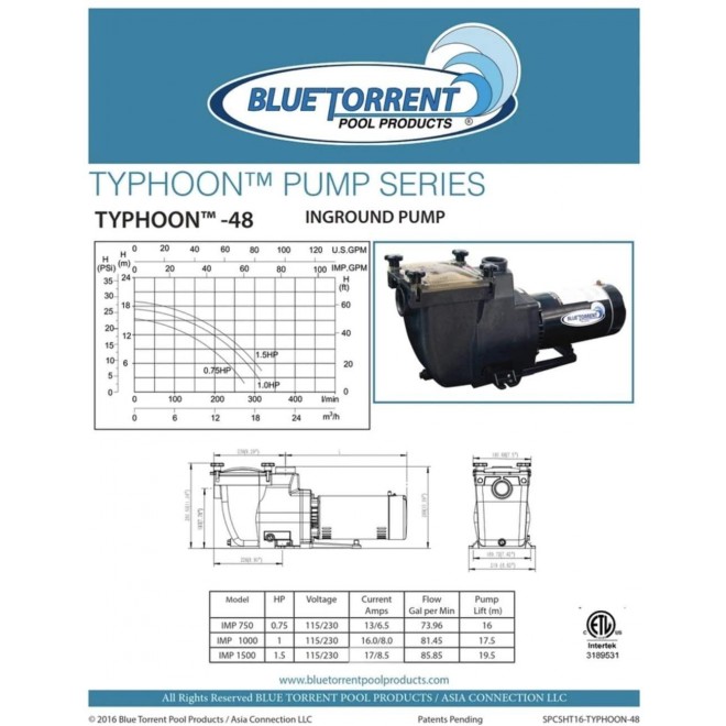 Blue Torrent Typhoon 1.5 HP 48 Frame In Ground Replacement Pool Pump Hayward SSP