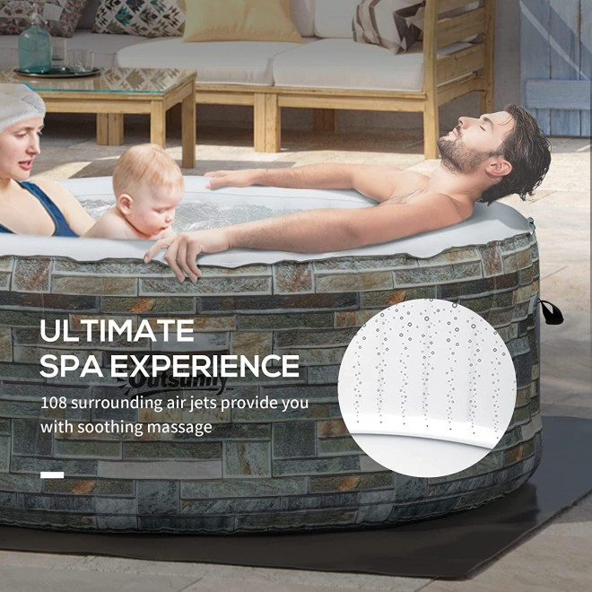 Outsunny 2-3 Person Inflatable Portable Hot Tub Outdoor Round Heated Spa with 108 Jets, Pump, Cover, Filter Cartridges, Mixed Grey