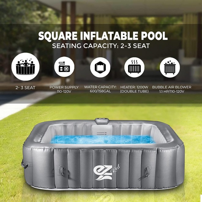 SereneLife Outdoor Portable Hot Tub - 57'' x 57'' x 25'' 4-Person Square Inflatable Heated Pool Spa with 100 Bubble Jets, Filter Pump, Cover, LED Lights, and Remote Control