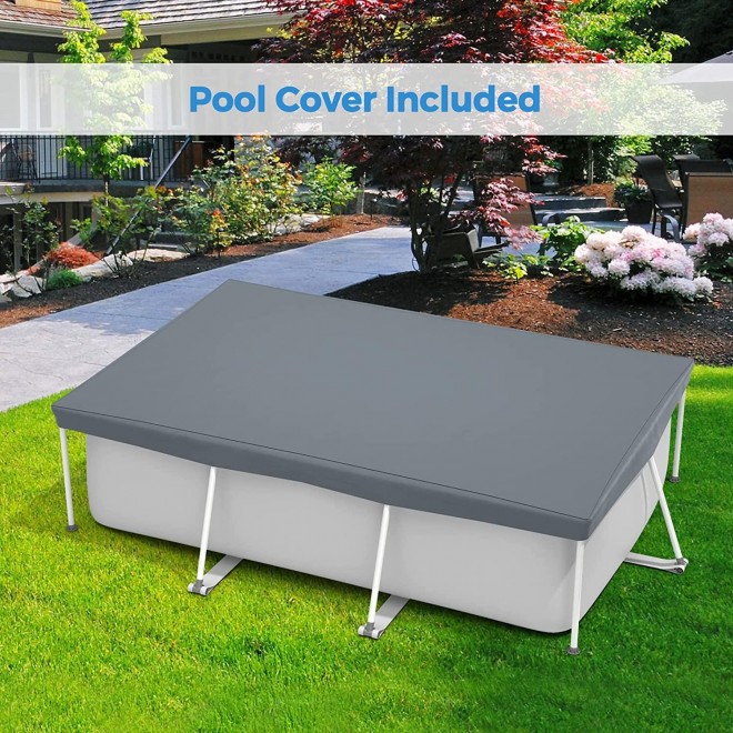 GYMAX Swimming Pool, 10ft x 6.7ft x 2.5ft Above Ground Rectangular Steel Frame Pool with Filter Inlet & Pool Cover, Tear-Resistance Durable Outdoor Pool for Backyard, Patio (Grey)