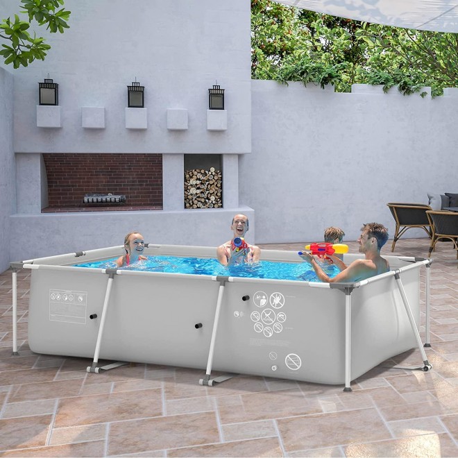 GYMAX Swimming Pool, 10ft x 6.7ft x 2.5ft Above Ground Rectangular Steel Frame Pool with Filter Inlet & Pool Cover, Tear-Resistance Durable Outdoor Pool for Backyard, Patio (Grey)