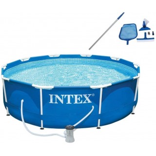 Intex 28201EH 10ft x 30in Metal Frame Round 4 Person Outdoor Above Ground Swimming Pool with Filter Pump and Pool Maintenance Kit