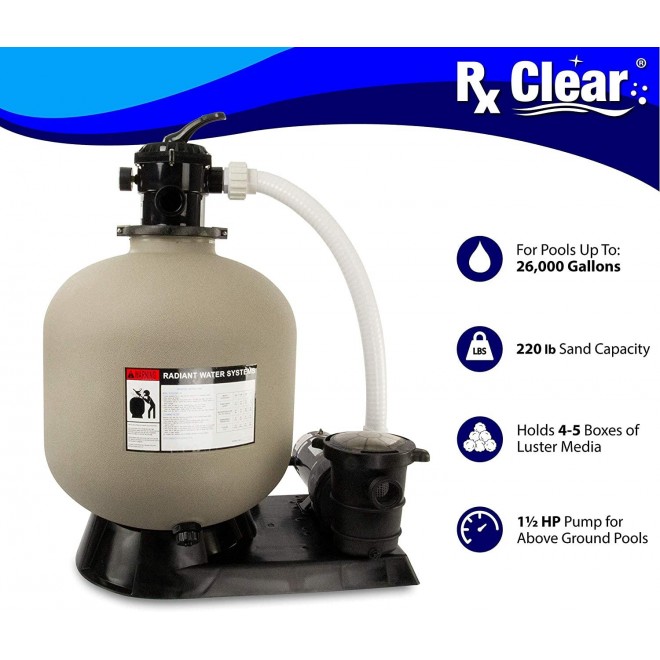 Rx Clear Radiant Complete Sand Filter System | for Above Ground Swimming Pool | Extreme Niagara 1.5 HP Pump | 22 Inch Tank | 220 Lb Sand Capacity | Up to 26,000 Gallons