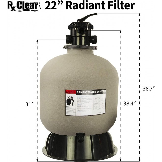 Rx Clear Radiant Complete Sand Filter System | for Above Ground Swimming Pool | Extreme Niagara 1.5 HP Pump | 22 Inch Tank | 220 Lb Sand Capacity | Up to 26,000 Gallons