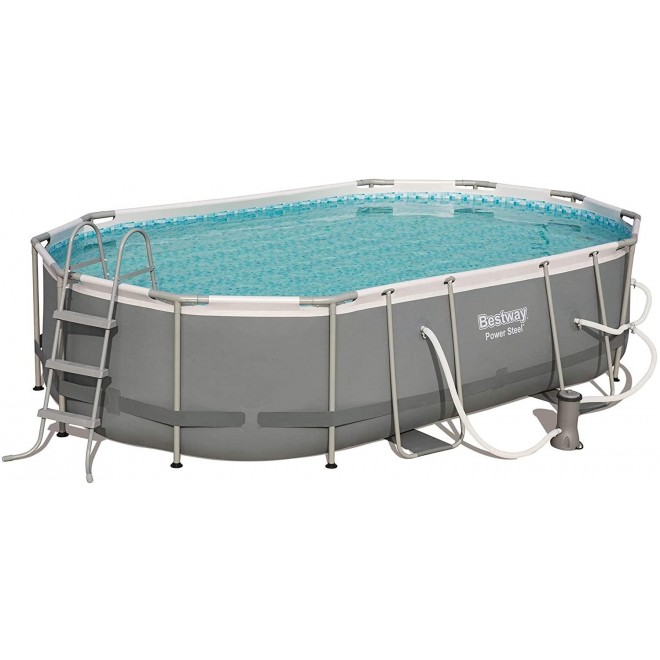 Bestway 56655E Power Steel 16ft x 10ft x 42in Outdoor Oval Frame Above Ground Swimming Pool Set with 1000 GPH Cartridge Filter Pump and Ladder