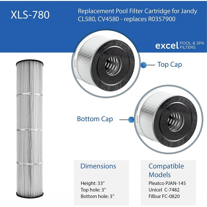 Excel Filters XLS-780 4 Pack Replacement Filter for Jandy CL-580. Also Replaces Jandy R0357900, Unicel C-7482, Filbur FC-0820, Pleatco PJAN-145