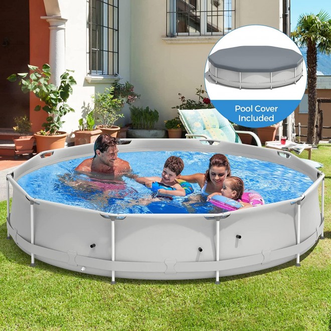 GYMAX 12ft x 31.5inch Above Ground Pool, Steel Frame Swimming Pool with Pool Cover, Tear-Resistance Durable Outdoor Pool for Backyard, Patio (Grey)