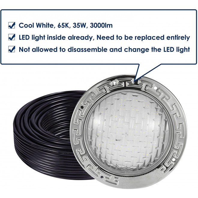 HQUA PN01 120V AC LED Inground Pool Light, 10 Inch 35W 3000lm (300W Incandescent Equivalent), with 100 Feet Cord, Transformer Included, 6500k Cool White, UL Listed, Fit for 10