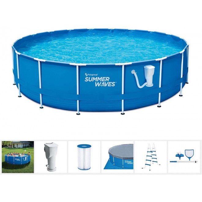 Summer Waves Active 18 Foot Metal Frame Outdoor Backyard Above Ground Swimming Pool Set with Filter Pump, Ladder, Ground Cloth, Cover, and Maintenance Kit