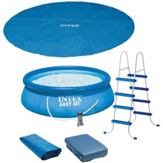 Intex 15ft x 48in Easy Set Outdoor Above Ground Swimming Pool Kit w/ Ladder, Solar Cover, 1000 GPH Filter Pump and 6 Replacement Filter Cartridges