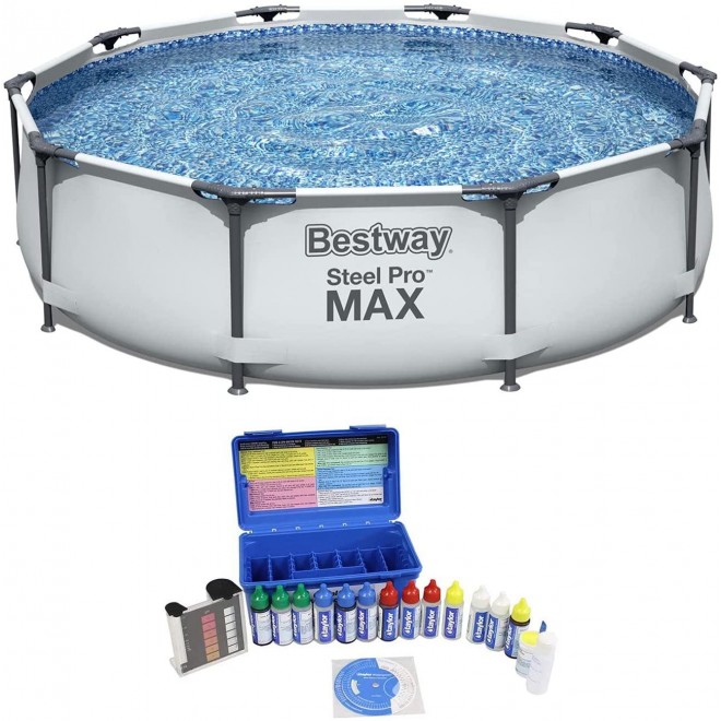 Bestway 10ft x 10ft x 25ft Steel Pro Round Family Swimming Pool & Water Test Kit