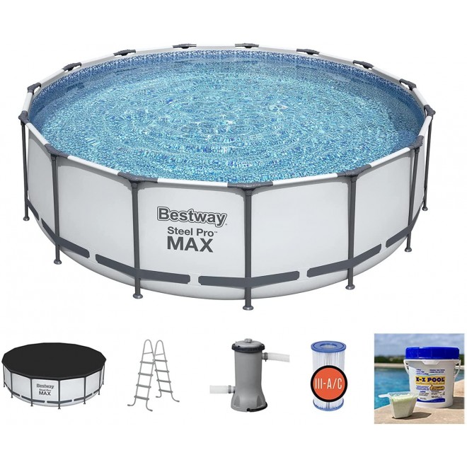 Bestway 56690E Steel Pro Max 15Ft x 15Ft x 48In Round Metal Frame Above Ground Swimming Pool Set with 1000 GPH Pump, Ladder, Cover, and Solution Blend