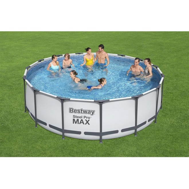 Bestway 56690E Steel Pro Max 15Ft x 15Ft x 48In Round Metal Frame Above Ground Swimming Pool Set with 1000 GPH Pump, Ladder, Cover, and Solution Blend