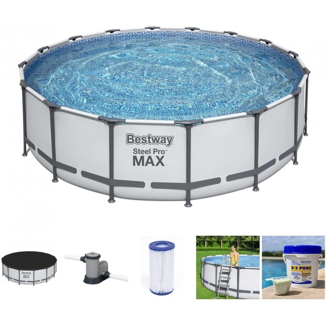 Bestway Steel Pro MAX 16 x 4 Foot Outdoor Frame Above Ground Round Swimming Pool Set with Ladder, Cover, Filter Pump, and Solution Blend