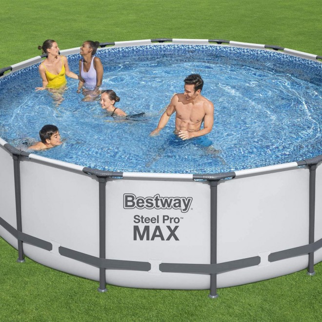 Bestway Steel Pro MAX 16 x 4 Foot Outdoor Frame Above Ground Round Swimming Pool Set with Ladder, Cover, Filter Pump, and Solution Blend