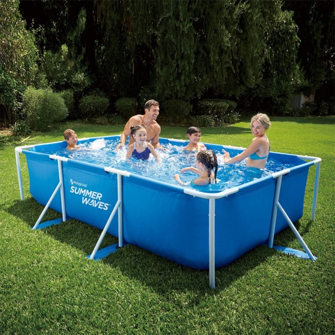 Summer Waves P30710300 9.8 x 6.5 Foot 29.5 Inch Deep Rectangular Small Metal Frame Above Ground Family Backyard Swimming Pool, Blue