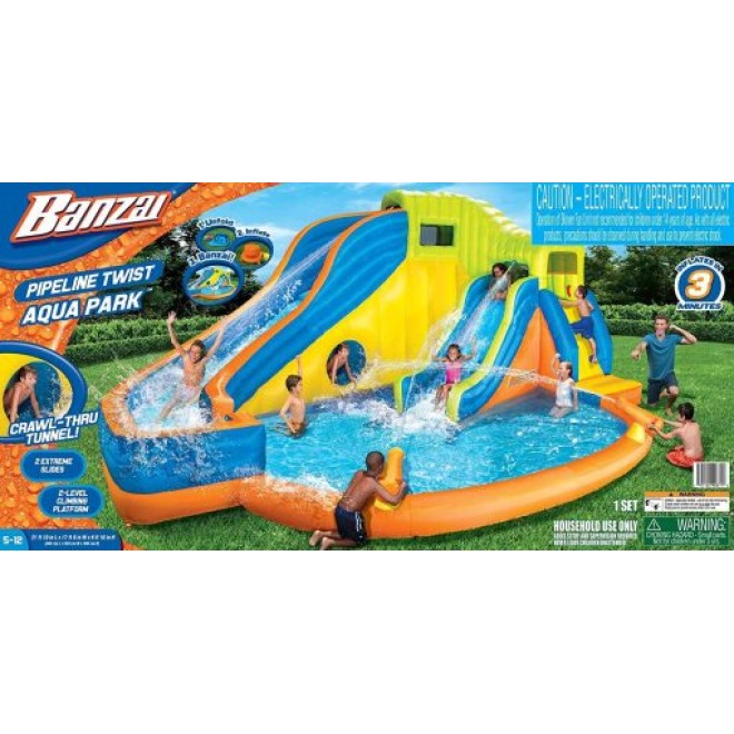 BANZAI Pipeline Twist Kids Inflatable Outdoor Backyard Water Pool Aqua Splash Park and Slides with Climbing Wall, Water Cannons, & Clubhouse, Ages 5+
