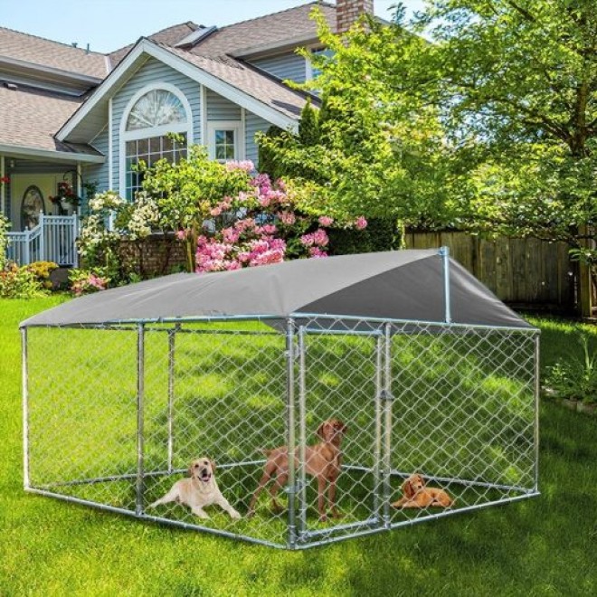 Best Outdoor Metal Dog Kennel Run House with Water Resistant Cover Roof Cage,Silver
