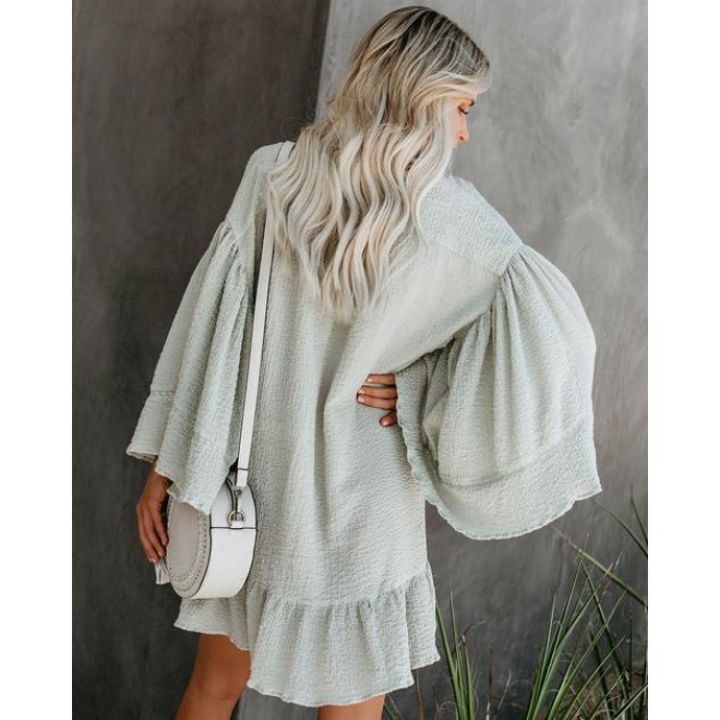 Kiwi Cotton Soft Crinkled Tassel Dress - Sage