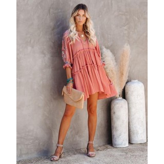 Sunseeker Cotton Embroidered Babydoll Dress - Dusty Rose