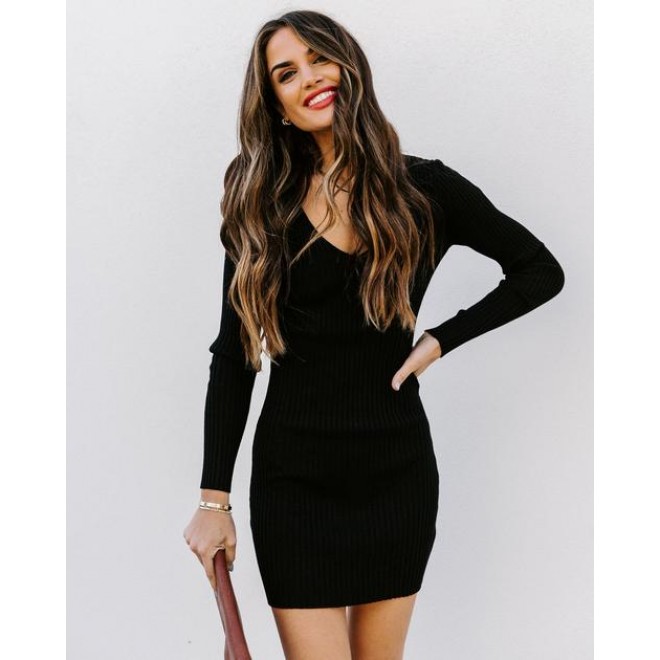 Angelica Ribbed Knit Mini Dress - Black