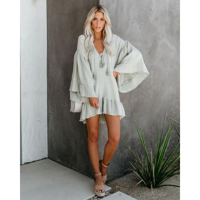 Kiwi Cotton Soft Crinkled Tassel Dress - Sage